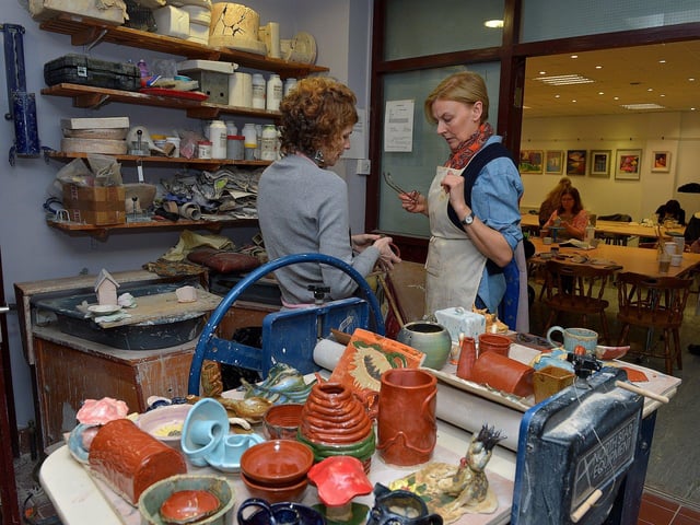 Ceramics tutor Lorraine O’Carroll and Gladys McCauley .  Photo: George Sweeney.  DER2313GS – 20