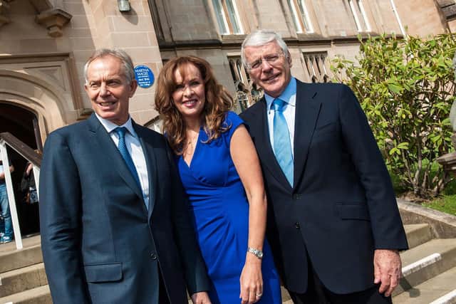 Former Prime Ministers Tony Blair and John Major with Professor Deirdre Heenan in Derry in 2016.