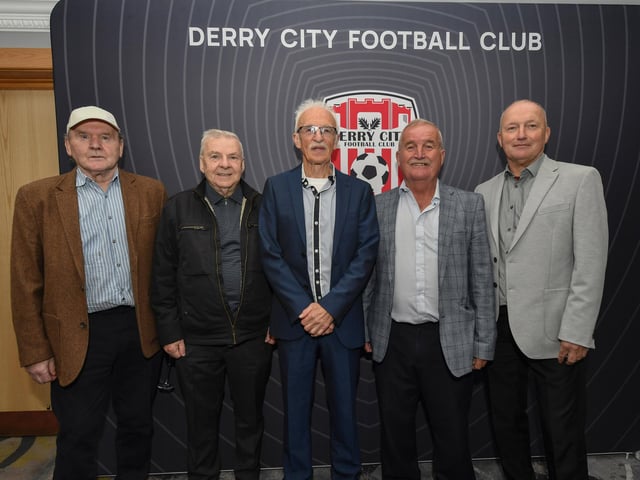Paul McGuinness, Nucker Tierney, Tony O'Doherty, Martin Dunne and Raymond Deehan at the Derry City FC celebration of 40 years in the League of Ireland held in the Everglades on Saturday evening. Photo: George Sweeney