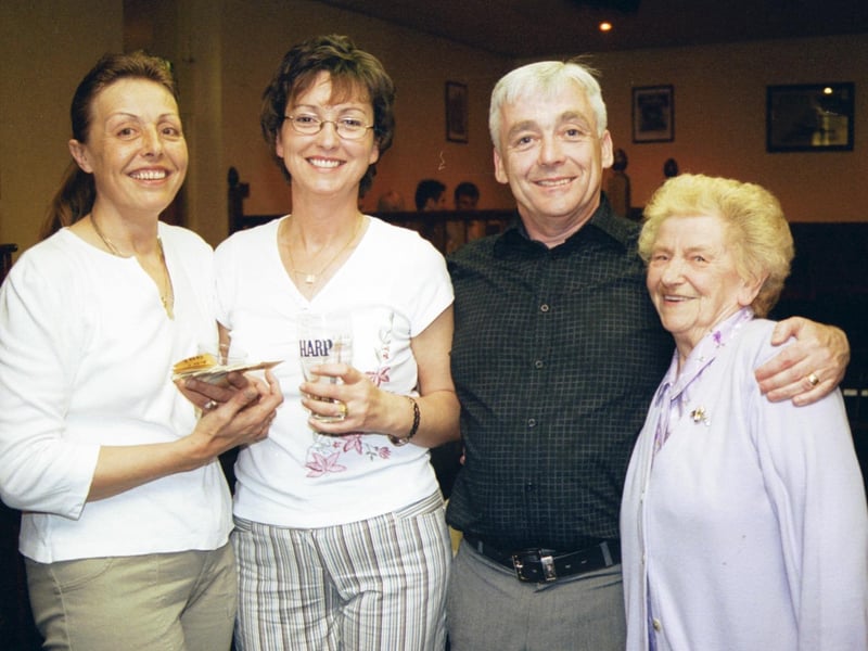 Enjoying the craic at the Back to Back competition in the PO Club were L/R:- Bernie McConnell, Veronica McCallion, Danny Blee (organiser) and Mary McCallion. 100703HG3:Pictures of birthdays, fundraisers and pub outings in July 2003
