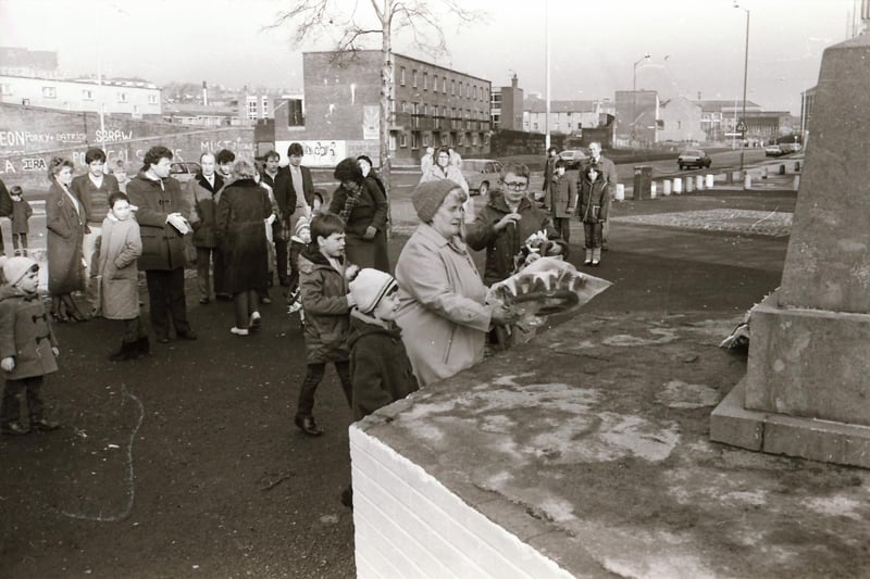 Wreaths are laid at the Bloody Sunday monument on Rossville Street in January 1984.