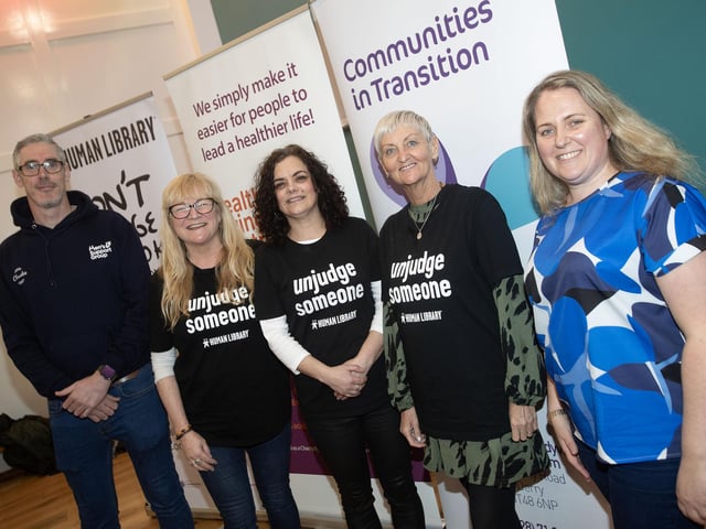 Roisin McLaughlin, main facilitator, 'Human Library' pictured with the facilitators at Thursday night's event in the Old Library Trust. From left, Thomas Campbell, Michaela McDaid, Ann Barr and Mandy Chism. (Photos: Jim McCafferty Photography)