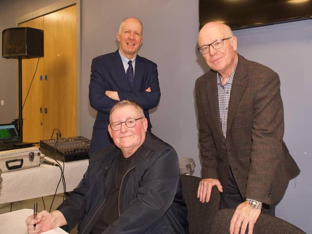 Garbhán Downey, Managing Editor, Colmcille Press and Joe Martin, Chair, Colmcille Press, with author Tony Hassan.