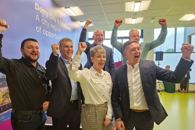 All six elected Sinn Féin candidates from Derg and Sperrin celebrating their election to Derry City & Strabane District Council.