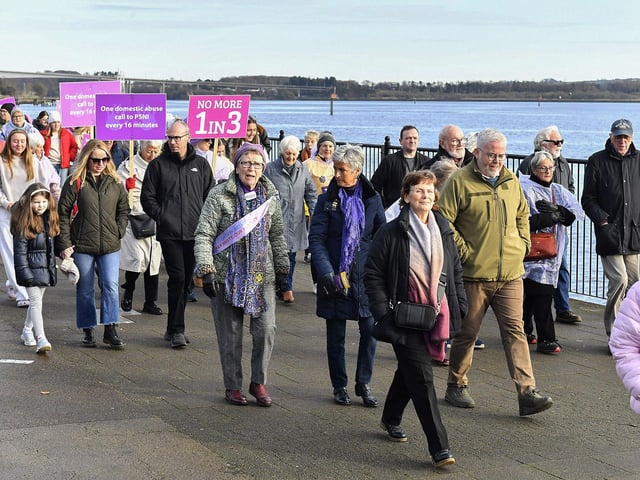 Proponents who participated in the Foyle Women’s Aid walk, from Sainsbury’s to the Guildhall on Sunday afternoon, supporting the United Nations Women’s Campaign to eliminate gender – based violence worldwide. Photo: George Sweeney