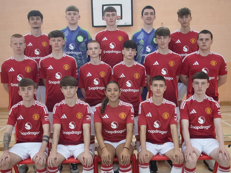 The Manchester United Foundation football team pictured before their game against Ulster University (Magee) last week. Front from left, Kyle Redden, Cayden Wade, Ainara Hutcheson, Kyle Nixon, Jude Nash.  Second row from left, Caoimhin Green, Shane Moran, Rion McConnell, Dylan Saunders, Ruairi Tinney, Adam Courtney. Third row from left, Tommy McLaughlin, Jacob Creggan, Martin Moran, Caolan Harkin and Ryan Arthur. (Photos: JIm McCafferty Photography)