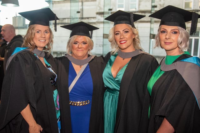 Jenny Deane, Mandy McCleary, Fiounnuala Donaghey and Tracey Mooney who studied the Access Diploma  in Combined Studies at North West Regional College pictured at Graduation in the Millennium Forum. 