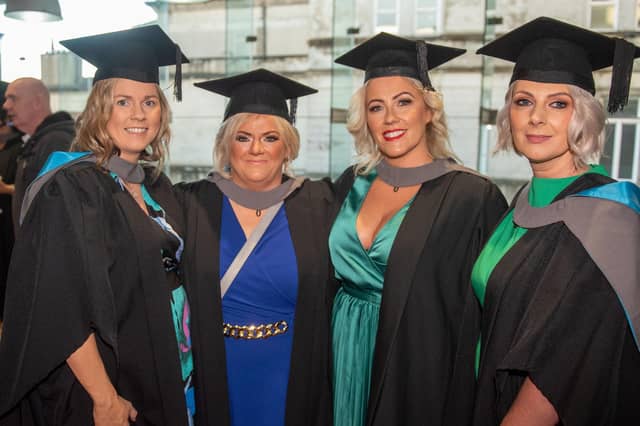 Jenny Deane, Mandy McCleary, Fiounnuala Donaghey and Tracey Mooney who studied the Access Diploma in Combined Studies at North West Regional College pictured at Graduation in the Millennium Forum.