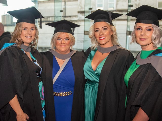 Jenny Deane, Mandy McCleary, Fiounnuala Donaghey and Tracey Mooney who studied the Access Diploma in Combined Studies at North West Regional College pictured at Graduation in the Millennium Forum.