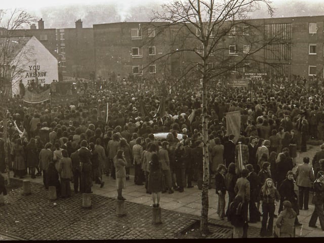 The third anniversary of Bloody Sunday is marked in Derry in January 1975.
