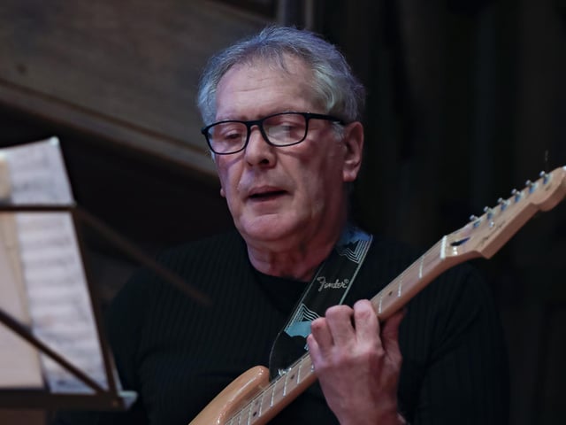 Lead guitarist Joe Quigley on stage at the Classic Jazz “The Live Launch” held in the Guildhall, yesterday. (Photo - Tom Heaney, nwpresspics)