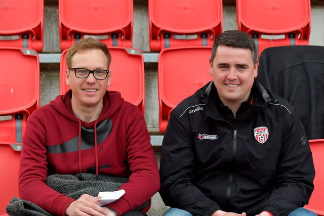 Derry City supporters Shea Norris and Aodhan Campbell at the St Patrick’s Athletic game on Friday night. DER2317GS-66