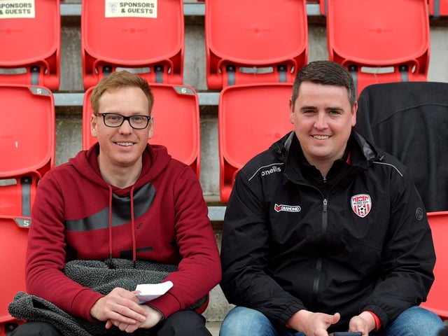 Derry City supporters Shea Norris and Aodhan Campbell at the St Patrick’s Athletic game on Friday night. DER2317GS-66