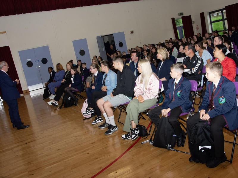 Oakgrove Principal Mr. John Harkin addressing new Year 8 students and their parents at the school on Friday morning.