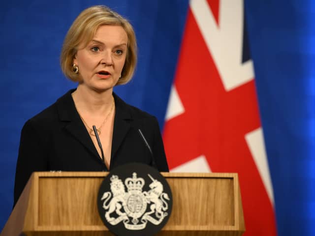 British Prime Minister Liz Truss during a press conference in the briefing room at Downing Street, London. Friday October 14, 2022. Daniel Leal/PA Wire