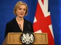 British Prime Minister Liz Truss during a press conference in the briefing room at Downing Street, London. Friday October 14, 2022. Daniel Leal/PA Wire