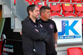 Derry City manager Ruaidhri Higgins alongside Declan Devine at the Brandywell on Friday evening. Photo: George Sweeney. DER2322GS – 145
