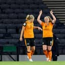 Republic of Ireland's Amber Barrett points to the sky after scoring the all important winning goal against Scotland, which booked Vera Pauw's side at next year's World Cup. Picture by Ian MacNicol/Getty Images