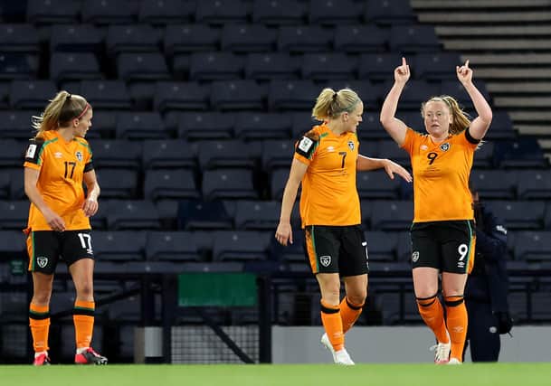 Republic of Ireland's Amber Barrett points to the sky after scoring the all important winning goal against Scotland, which booked Vera Pauw's side at next year's World Cup. Picture by Ian MacNicol/Getty Images