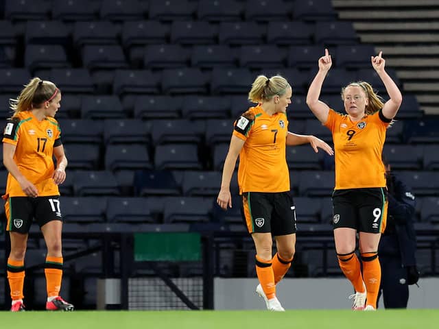 Republic of Ireland's Amber Barrett points to the sky after scoring the all important winning goal against Scotland, which booked Vera Pauw's side at next year's World Cup. Picture by Ian MacNicol/Getty Images