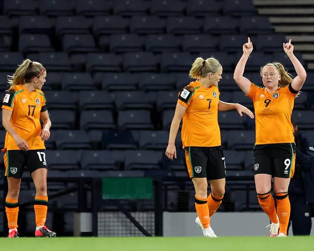 Republic of Ireland's Amber Barrett points to the sky after scoring the all important winning goal against Scotland, which booked Vera Pauw's side at next year's World Cup. Picture by Ian MacNicol/Getty Images