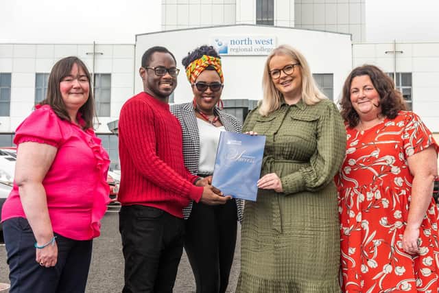 Fiona Hamilton of North West Regional College with scholarship recipient Chukwuka ‘Frank’ Nwanonenyi, Director of the North West Regional College Lilian Seenoi Barr and NWRC staff members Michelle Breslin and Bronagh Fikri.