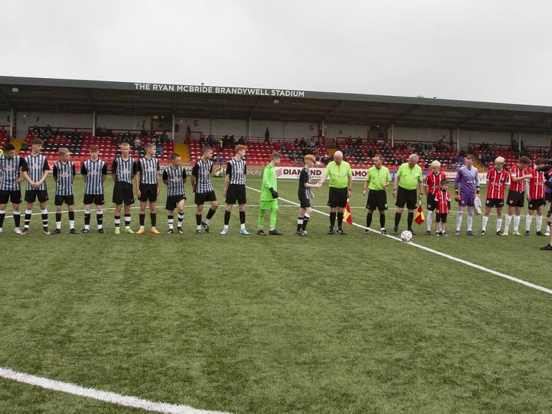 The Ards and Derry City players pictured before the start of the Foyle Cup u-14 final at Brandywell on Saturday.
