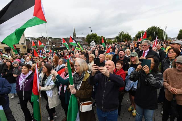 There was a large turnout at Free Derry Wall to welcome Palestinian photojournalist Motaz Azaiza to Derry on Thursday afternoon.  Photo: George Sweeney