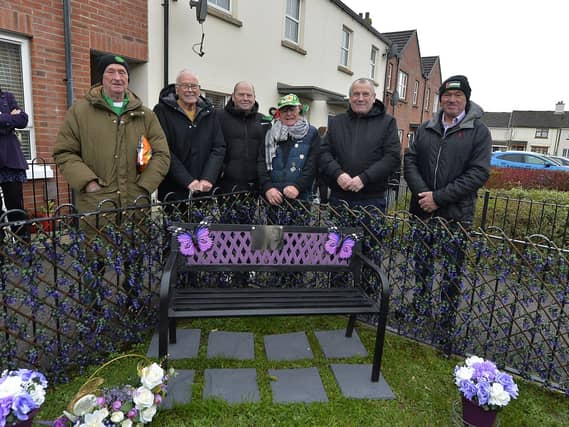 Brothers of Annette and Kitty McDaid, Dominic, Jim, Matt, John, Paul and Patrick pictured at the unveiling of a bench, in her memory in Culdaff Gardens, Creggan. Photo: George Sweeney