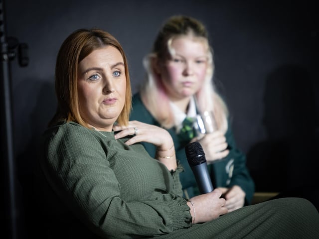 Panellist Michaela O'Hagan giving her opinion on growing up in Derry during Tuesday's event.