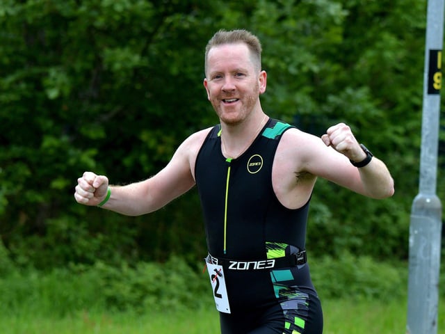 James McMonagle is all smiles after completing the Liam Ball Triathlon on Sunday morning.