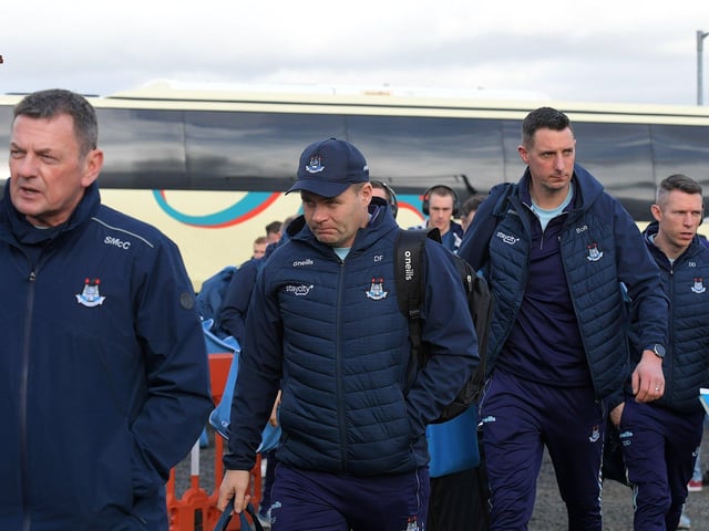 Dublin manager Dessie Farrell, second from left, and his players arrive at Celtic Park on Saturday evening. Photo: George Sweeney