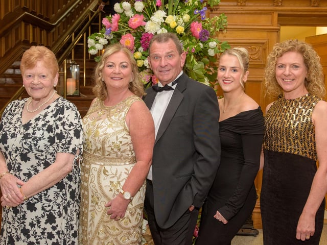 The Mayor Councillor Patricia Logue hosted the annual Mayor’s Ball in the Guildhall in aid of her crossed Charities the Foyle Hospice and Ryan McBride Foundation. Pictured at the event are guests, Anna Doherty, Geraldine and John O’Connor, Louise Connolly and Beth Mullan  Picture Martin McKeown. 24.05.24