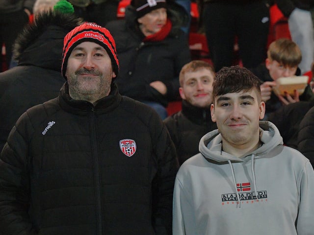 Candystripe fans at the Brandywell for Friday evening’s game. Photo: George Sweeney