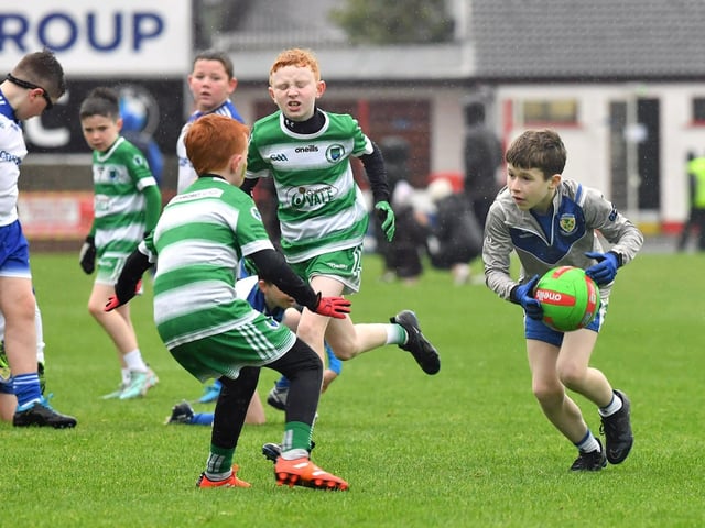 Young footballers from Faughanvale and Ballinderry playing during the SFC final interval at Celtic Park on Sunday afternoon. Photo: George Sweeney