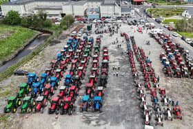 Tractors ready to go at the Allen Wylie Memorial Tractor Run from Letterkenny to Newtoncunningham on Saturday last  held to raise funds for the Good & New Cancer Bus.    Photo Clive Wasson