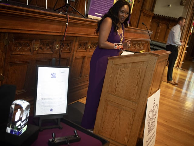 The Mayor of Derry City and Strabane District Council, Lilian Sennoi-Barr addressing the attendance at last week's Foyle Down Syndrome Trust's King's Award for Voluntary Service celebration in the Guildhall.