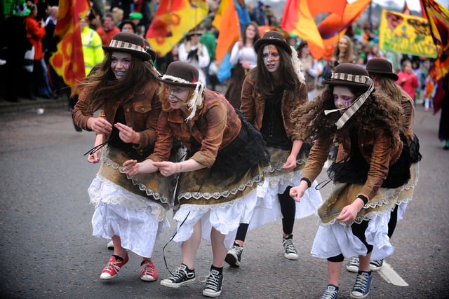 One of the dance troops entertaining the crowds at Derry's St Patrick's day parade. (1803SL72)