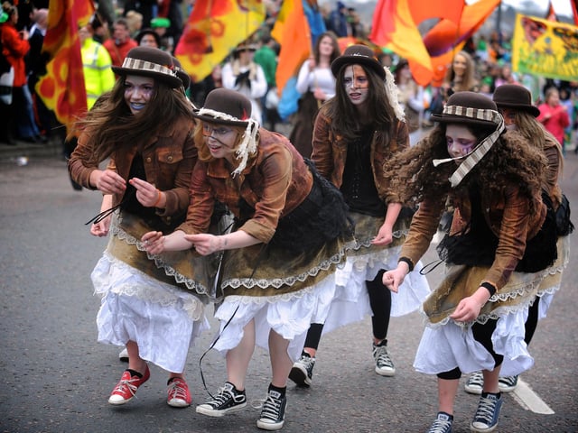 One of the dance troops entertaining the crowds at Derry's St Patrick's day parade. (1803SL72)