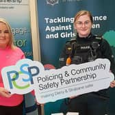 Derry & Strabane Policing and Community Safety Partnership chair, Councillor Sandra Duffy, pictured with Foyleside and The Moor Neighbourhood Policing Team Constable Rebecca Nelson and some of the personal safety equipment now available to victims of domestic abuse.
