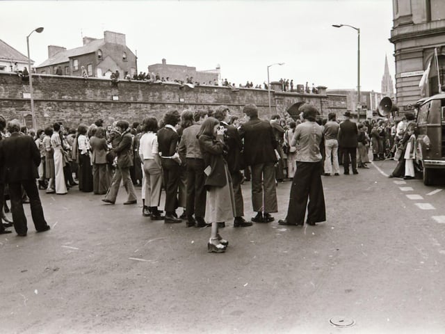 Pictured are people taking part in anti-internment demonstrations across Derry in August 1975 on the anniversary of the introduction of internment without trial in the north of Ireland four years earlier on August 9, 1971. Photos: Derry Journal.