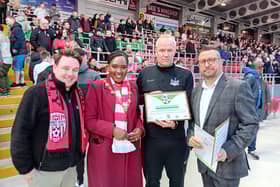 Mayor of Derry City and Strabane District Council, Cllr Lilian Seenoi Barr with Brian Casey, from Limestone United, Ernie Brennan, CEO of the Children’s Football Association and Richie McRory from the Life Hack Project with a plaque to mark the club’s designation as a Peace Pitch and the twinning of the Ryan McBride Brandywell Stadium with Flanders Peace Field in Mesen, Belgium.