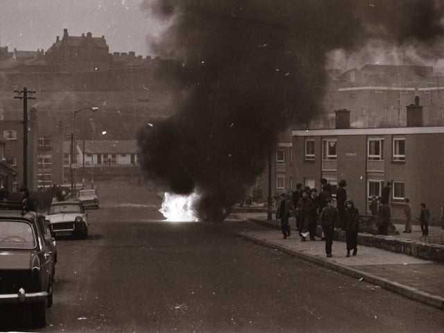 The aftermath of rioting in Derry back in February 1976.