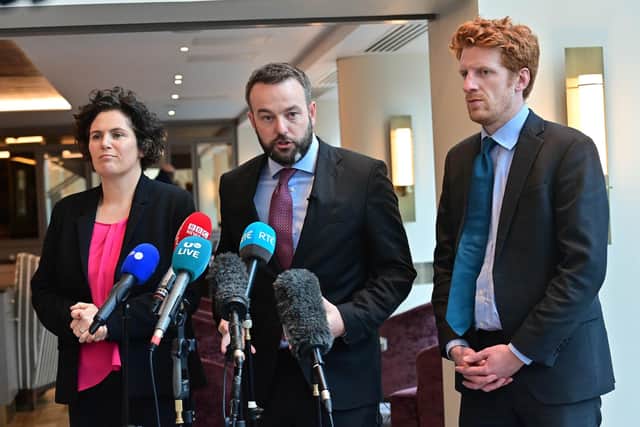 SDLP Leader Colum Eastwood  speaks to the media   with party Colleagues Claire Hanna and Matthew O’Toole after a meeting with Taoiseach Micheál Martin earlier this month. Pic Colm Lenaghan/Pacemaker