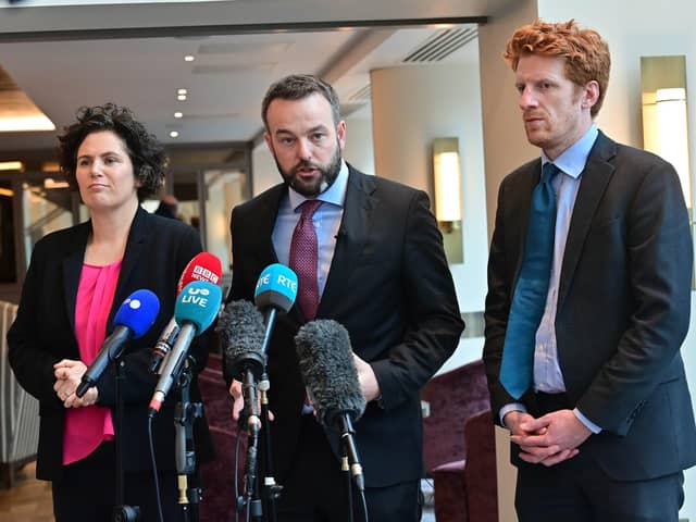 SDLP Leader Colum Eastwood  speaks to the media   with party Colleagues Claire Hanna and Matthew O’Toole after a meeting with Taoiseach Micheál Martin earlier this month. Pic Colm Lenaghan/Pacemaker