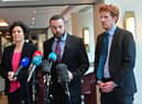 SDLP Leader Colum Eastwood  speaks to the media   with party Colleagues Claire Hanna and Matthew O’Toole after a meeting with Taoiseach Micheál Martin earlier this month. Pic Colm Lenaghan/Pacemaker