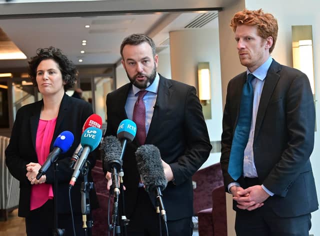 SDLP Leader Colum Eastwood  speaks to the media   with party Colleagues Claire Hanna and Matthew O’Toole after a meeting with Taoiseach Micheál Martin earlier this month. Pic Colm Lenaghan/Pacemaker