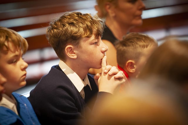 A St. Patrick’s PS pupil listens attentively to Bishop McKeown during last week’s Mass.