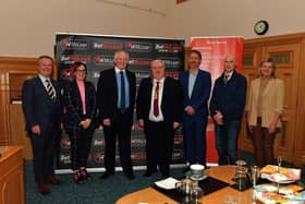 Pictured at the launch of the Derry Journal People of the Year Awards 2025 in the Guildhall are sponsors Professor Malachy O’Neill, Ulster University, Karina McKinney, Calor Gas, Paul McLean, BetMclean, principal sponsor, Deputy Mayor Alderman Darren Guy, Steve Frazer, City of Derry Airport, Brendan McDaid, editor of the Derry Journal and Erin McFeely, Alchemy.