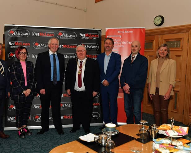 Pictured at the launch of the Derry Journal People of the Year Awards 2025 in the Guildhall are sponsors Professor Malachy O’Neill, Ulster University, Karina McKinney, Calor Gas, Paul McLean, BetMclean, principal sponsor, Deputy Mayor Alderman Darren Guy, Steve Frazer, City of Derry Airport, Brendan McDaid, editor of the Derry Journal and Erin McFeely, Alchemy.